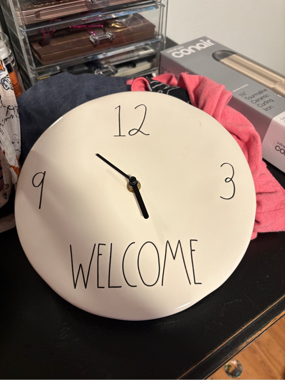 Rae Dunn White Ceramic Wall Clock with Black Lettering